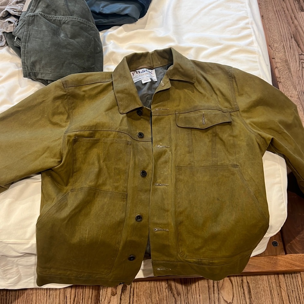Large Tan Filson Tin Cloth Short Lined Cruiser Jacket
